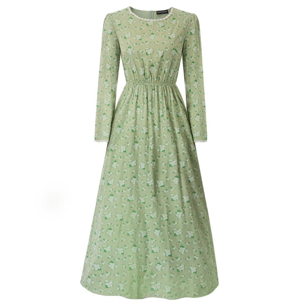 Dresses Pioneer Women Costume Colonial Dress American Historical Clothing With Bonnet Vintage Print Fashion Long Maxi Dresses-1