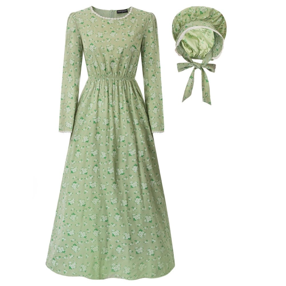 Dresses Pioneer Women Costume Colonial Dress American Historical Clothing With Bonnet Vintage Print Fashion Long Maxi Dresses-0
