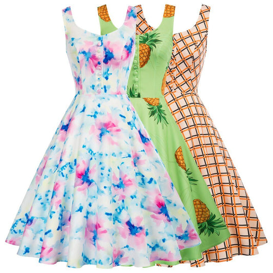 Belle Poque Women Dresses Vintage Pineapple Pattern Dress Sleeveless Buttons Decorated Print Vacation Summer A-Line Dresses New-0