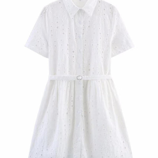French Style Women's Hollow Embroidered Short Sleeve Dress