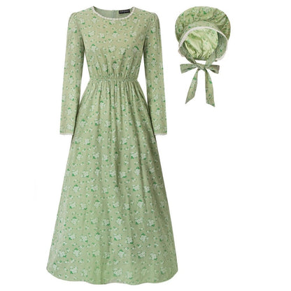 Dresses Pioneer Women Costume Colonial Dress American Historical Clothing With Bonnet Vintage Print Fashion Long Maxi Dresses-0