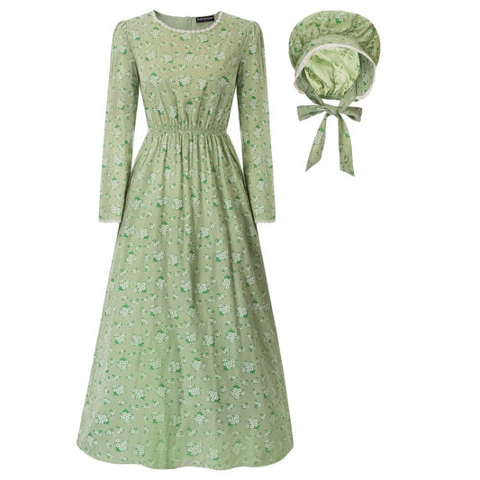 Dresses Pioneer Women Costume Colonial Dress American Historical Clothing With Bonnet Vintage Print Fashion Long Maxi Dresses-0
