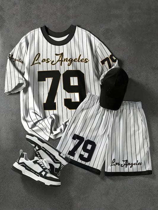 Men’s Casual Short Sleeve Tee & Pants Set – Soft, Striped, Black/White, PLUS SIZE